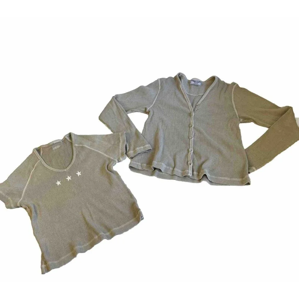 Hard Tail Womens Ribbed Cardigan Sweater Set Khaki Beige V Neck Sz Small READ - Picture 2 of 16